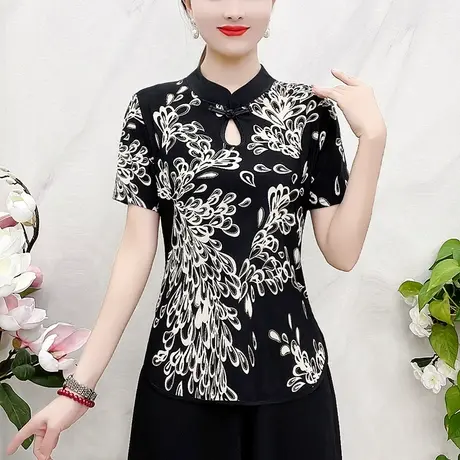 改良旗袍上衣女夏2023年新款短袖印花复古洋气妈妈装法式上衣薄款商品大图