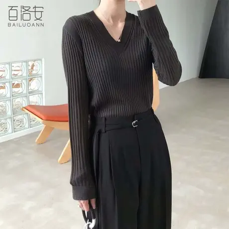 百洛安时尚v领针织衫春季新款韩版纯色百搭打底衫显瘦修身毛衣女商品大图