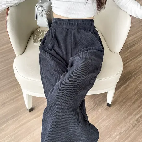 窄版雪尼尔阔腿裤女秋冬新款高腰宽松灰色灯芯绒休闲直筒香蕉裤子商品大图
