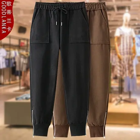 加肥加大码女松紧腰束脚裤秋冬新款2022中年妈妈装时尚九分毛呢裤商品大图