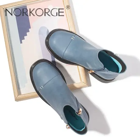 原创新款手工复古英伦文艺深雾蓝短靴女靴真皮圆头粗跟显瘦切尔西商品大图