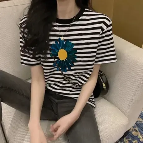 胖mm大码女装纯棉黑白条纹短袖t恤女宽松2024年新款百搭上衣半袖图片
