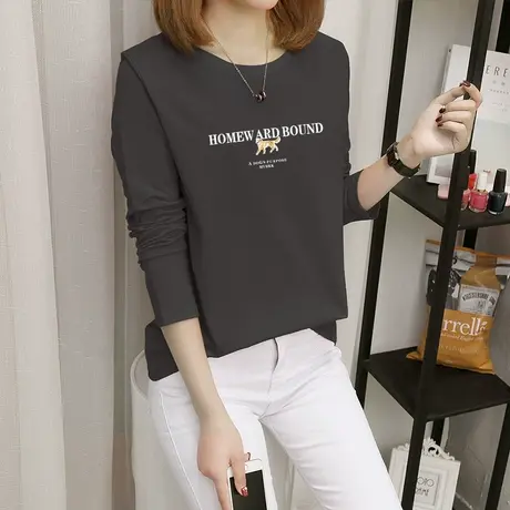 高级灰长袖t恤宽松上衣2022年秋季纯棉韩版百搭显瘦打底衫内搭潮商品大图