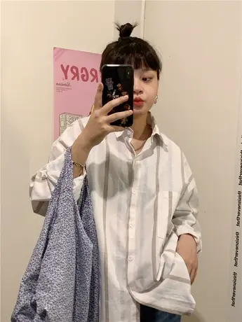红续韩版复古慵懒风百搭条纹长袖衬衫学院bf衬衣女外套上衣ins潮商品大图