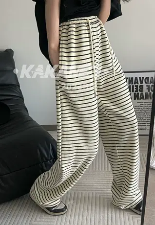 2023春季新款抽绳高腰肌理感条纹薄款休闲裤阔腿裤宽松显瘦百搭潮商品大图