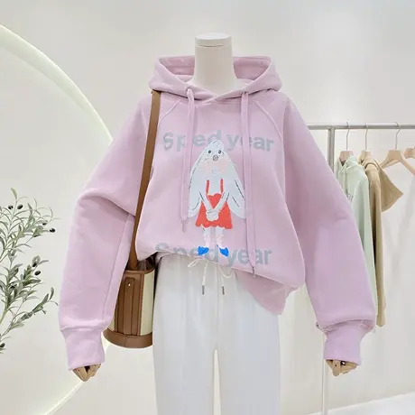 趣味兔子印花连帽卫衣女洋气百搭设计感小众宽松大版ins上衣外套商品大图