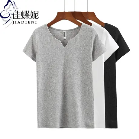 夏季新款女装小V领短袖纯白T恤打底衫简约上衣修身体恤黑色商品大图