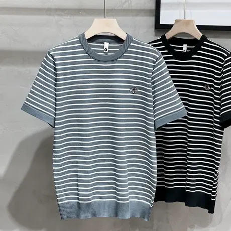 黑白条纹针织短袖男圆领夏季潮流时尚痞帅冰丝t恤男士半截袖体恤商品大图