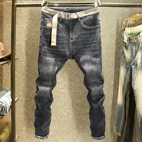 高端水洗印花牛仔裤男款潮流显瘦修身小脚裤简约休闲长裤子春秋款商品大图