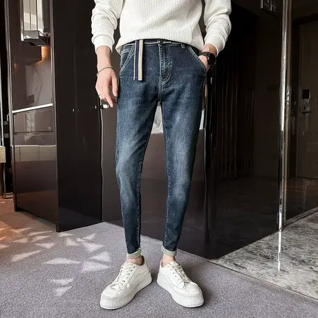 秋季新品简约百搭休闲裤男弹力复古男生裤修身小脚铅笔水洗牛仔裤商品大图
