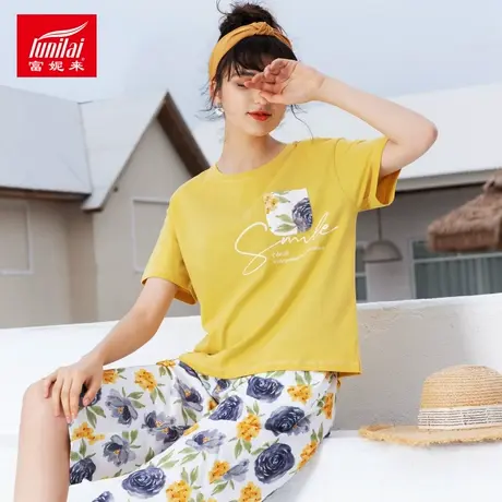 富妮来女士睡衣春夏短袖中裤舒适休闲圆领纯棉可外穿家居服两件套商品大图