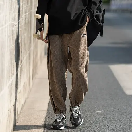 美式雪尼尔裤子男春秋直筒宽松大码潮牌运动男裤卫裤束脚休闲长裤商品大图