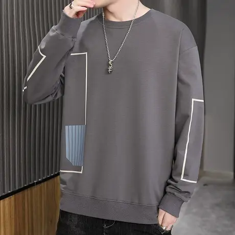 潮牌痞帅男装圆领卫衣春季高级感男款长袖T恤春秋款美式印花上衣商品大图