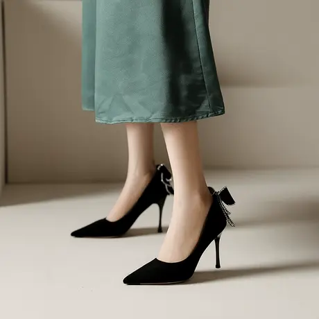 黑色高跟鞋女细跟2024年春夏季新款性感仙女风蝴蝶结水钻百搭单鞋图片