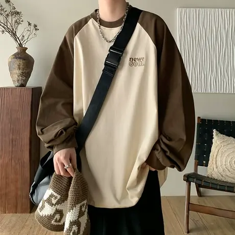 美式街头拼色圆领卫衣男秋冬季vibe潮牌痞帅宽松百搭情侣套头上衣商品大图