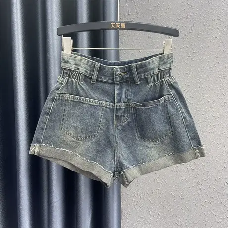 欧货韩版卷边阔腿裤女24春季新款个性口袋设计感时尚百搭牛仔短裤图片