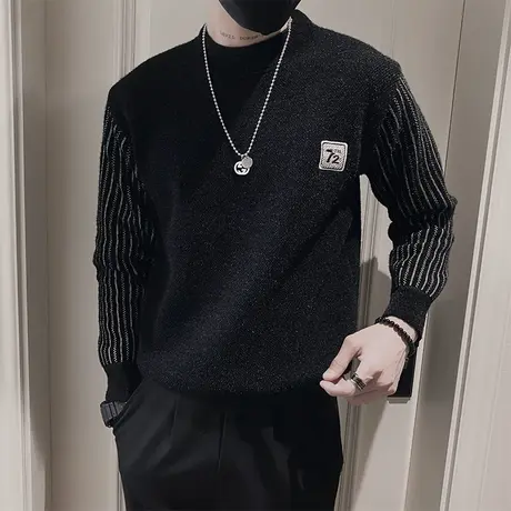 假两件毛衣男保暖加厚内搭上衣冬季潮牌条纹拼接设计打底针织线衣商品大图