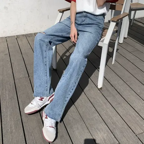 唐狮女牛仔长裤新秋冬款梨形裤子工装复古灰蓝色宽松大码流行女裤商品大图