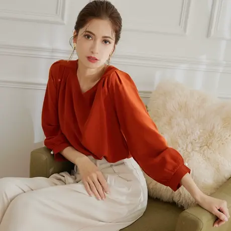 桔熊春秋季通勤气质珍珠扣七分灯笼袖纯色雪纺衫上衣女大码AB5238图片