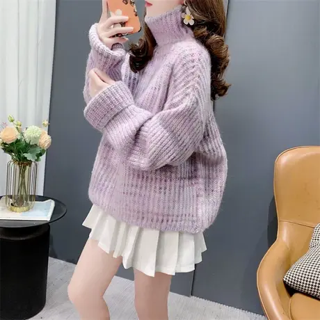 高领毛衣女宽松外穿秋冬2023年新款慵懒风短款加厚针织打底衫上衣商品大图