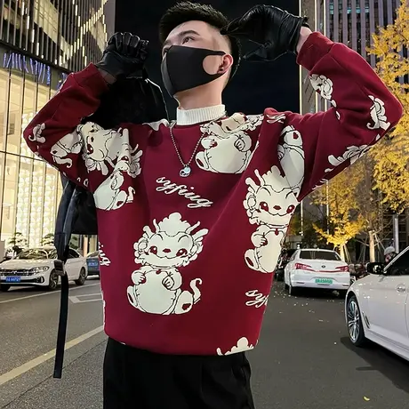 潮牌冬季个性半高领加绒卫衣男ins休闲卡通印花长袖保暖内搭上衣商品大图