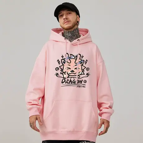 粉色卫衣男蛇年加绒宽松套头情侣胖子男装连帽新年大码秋冬款外套图片