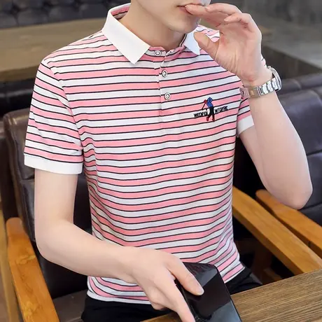 条纹纯棉短袖polo衫男士t恤有领刺绣潮流半袖体恤夏季潮牌保罗衫商品大图