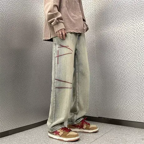 高街线条刺绣牛仔裤男潮牌美式复古阔腿秋冬季宽松vibe设计感长裤商品大图