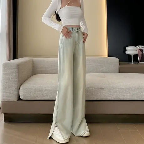 浅蓝色高腰阔腿牛仔裤女2024春秋新款宽松垂感直筒开叉水洗拖地裤图片