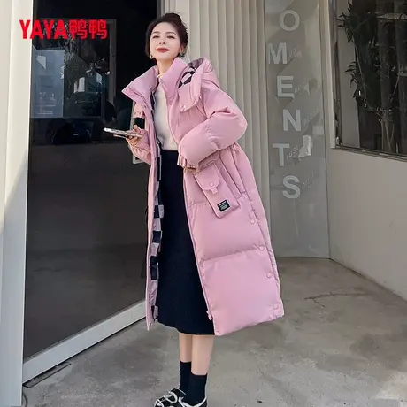 鸭鸭羽绒服女款2022新品中长款连帽收腰时尚休闲外套W图片