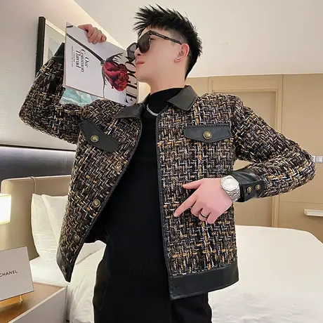 春季高级感小香风编织拼皮夹克男时尚韩版修身痞帅发型师短款外套图片