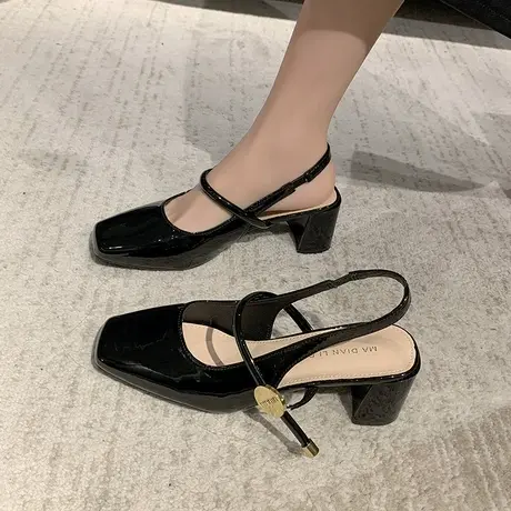 法式包头凉鞋女外穿2024年春夏季新款时尚百搭一字扣带粗跟单鞋潮商品大图