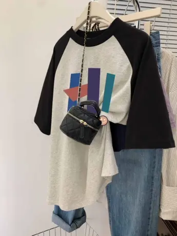 夏季纯棉插肩袖T恤女oversize大码宽松港风短袖ins潮复古撞色上衣商品大图