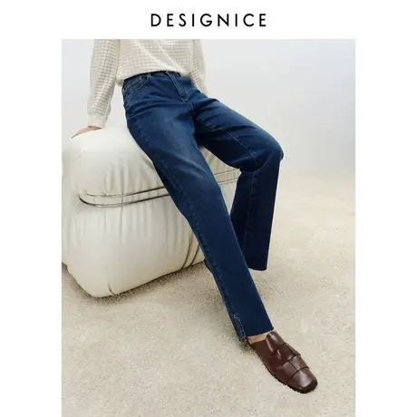 迪赛尼斯冬装新款设计感高腰显瘦水洗蓝色直筒裤女加绒牛仔裤图片