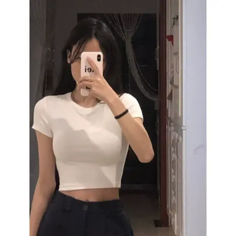 纯棉正肩短袖t恤女夏季2023新款修身显瘦甜辣妹纯欲风短款上衣服商品大图