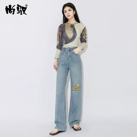 高腰破洞牛仔直筒裤女2023夏季新款性感拖地裤薄款水洗怀旧阔腿裤图片