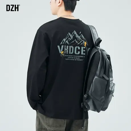 男士黑色美式t恤男长袖内搭春秋衣服男款圆领纯棉打底衫2024新款商品大图