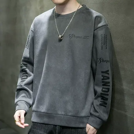 麂皮绒卫衣男春秋款美式复古长袖t恤男潮牌上衣青少年帅气打底衫T图片