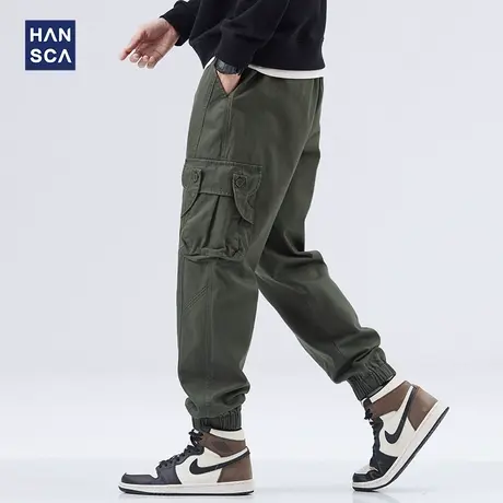 hansca秋冬季款工装休闲裤男宽松日系青少年潮流抽绳加绒束脚裤子商品大图