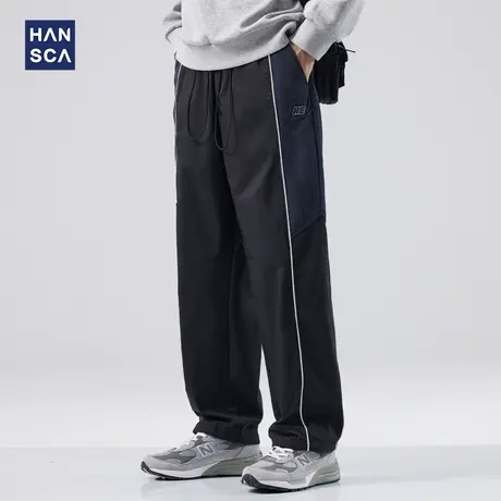 hansca侧条纹撞色休闲裤男秋季直筒宽松大码运动松紧腰抽绳卫裤子图片