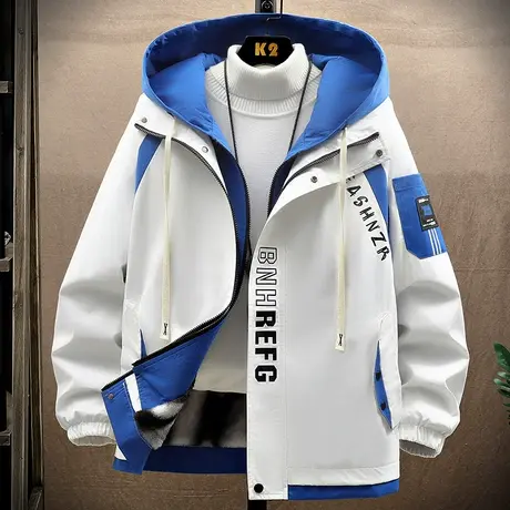 字母印花外套男春秋季休闲宽松夹克男青少年假两件连帽工装上衣服商品大图