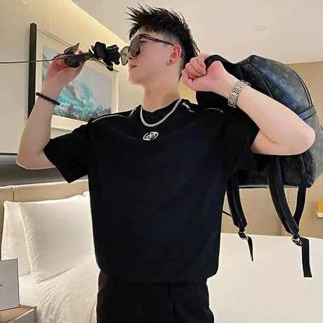 潮牌T恤夏季小众金属个性双拉链设计短袖网红痞帅半截袖男装上衣商品大图