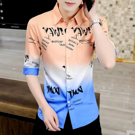 男士个性潮牌发型师男装渐变短袖衬衫夏季学生网红七分袖衬衣2023商品大图