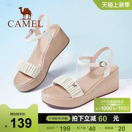 骆驼女鞋新款羊皮一字带高跟罗马凉鞋女真皮坡跟凉鞋女图片