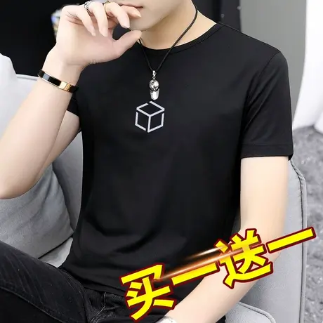 莫代尔夏季短袖t恤男装潮流黑色上衣服圆领修身夏天冰丝印花半袖商品大图
