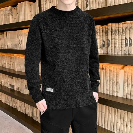 秋冬季雪尼尔毛衣男士圆领针织衫2023新款潮流纯色帅气打底衫宽松商品大图
