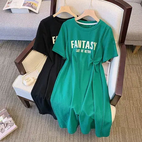 夏季新款t恤连衣裙子女胖mm大码显瘦收腰短袖韩版宽松中长裙200斤图片