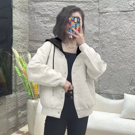 连帽拼接假两件短外套女2023春装新款时尚宽松高级感百搭夹克上衣图片