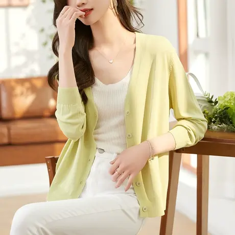 时尚气质温柔针织开衫2023年夏季新款淑女甜美V领修身显瘦上衣商品大图