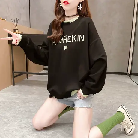 卫衣女宽松韩版春装薄款2022年新款潮ins假两件拼接时尚圆领无帽图片